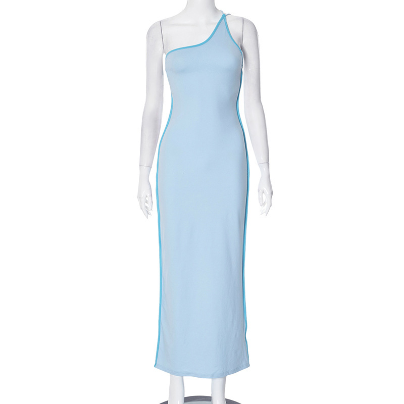 Women Spring Summer Contrast Color Slash Shoulder Backless Lace-Up Sexy Bodycon Dress