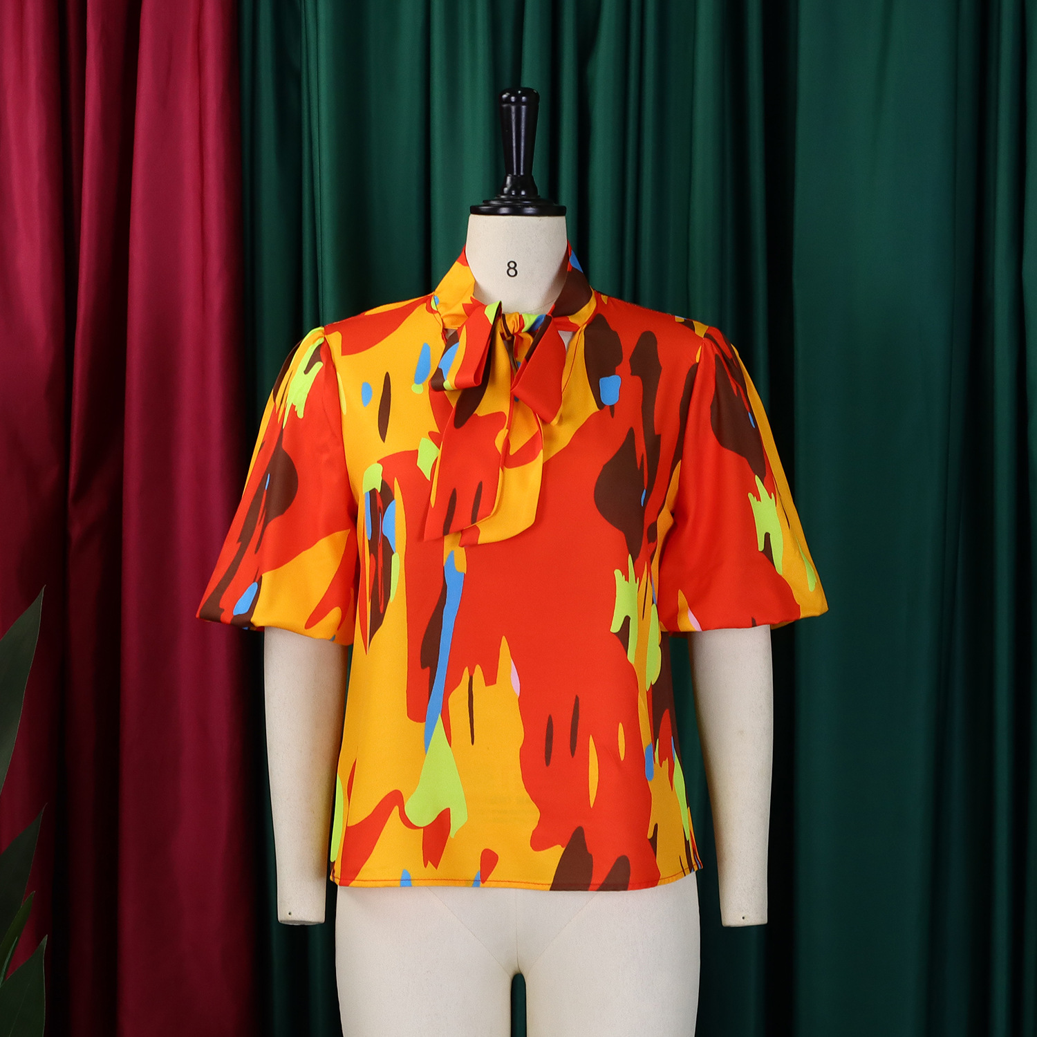 Women Printed Lace-Up Bubble Short Sleeve Shirt Top