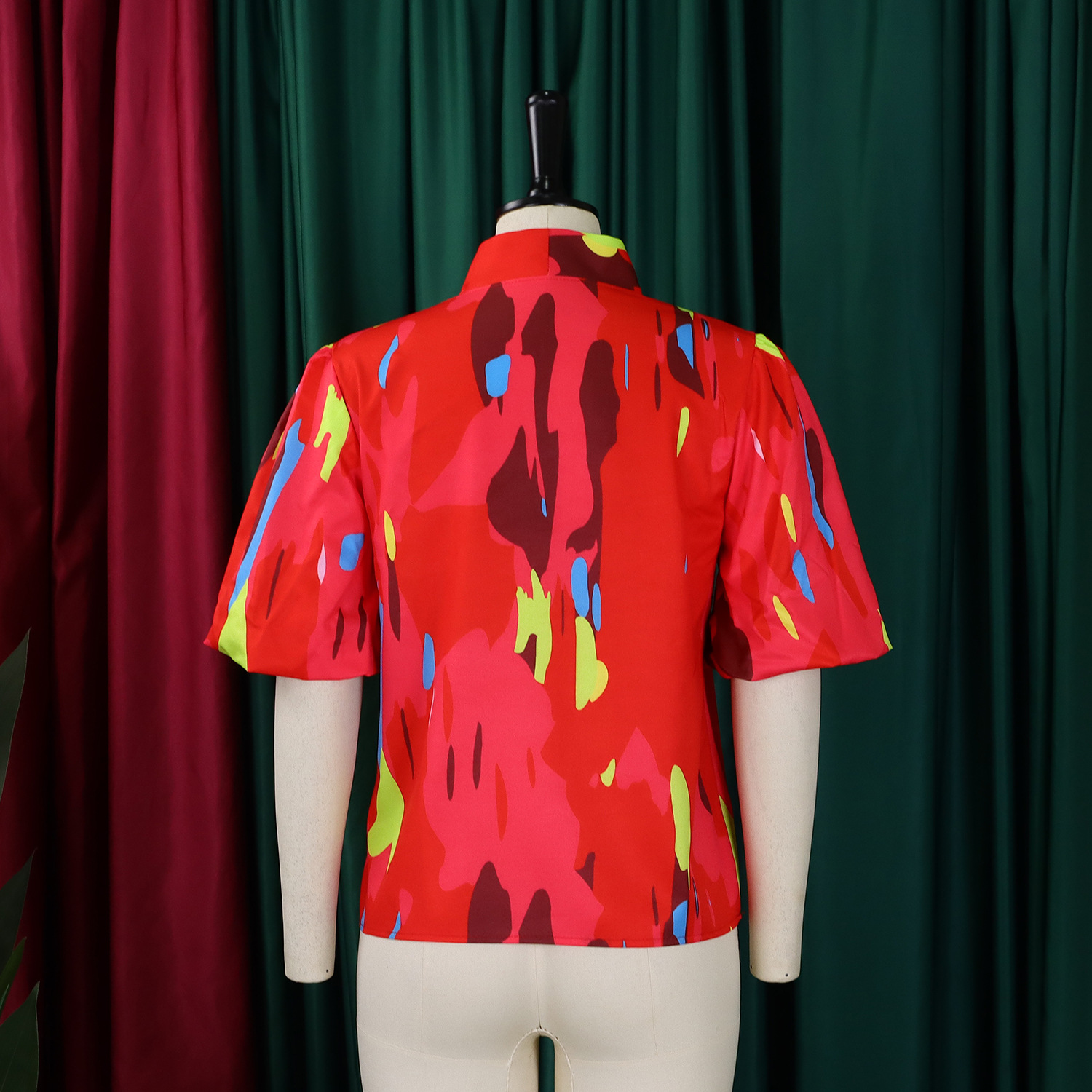 Women Printed Lace-Up Bubble Short Sleeve Shirt Top