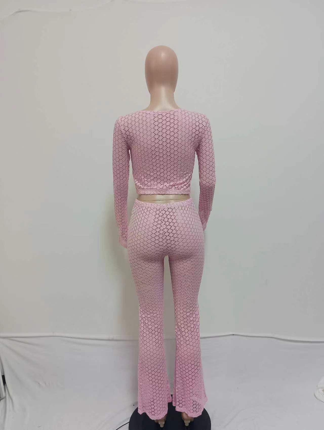 Women's Sexy Lace Ripped See-Through Crop Top High-Waist Long Pants Set