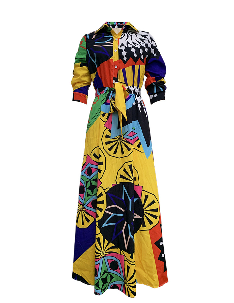 Spring Autumn Fashion Chic Print Turndown Collar Maxi Dress For Women