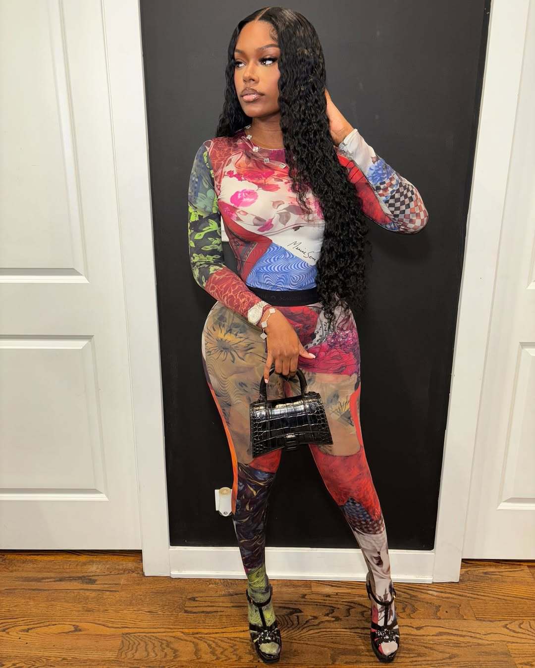 Women Contrast Printed Long Sleeve Round Neck Top and Pants Two Piece Set