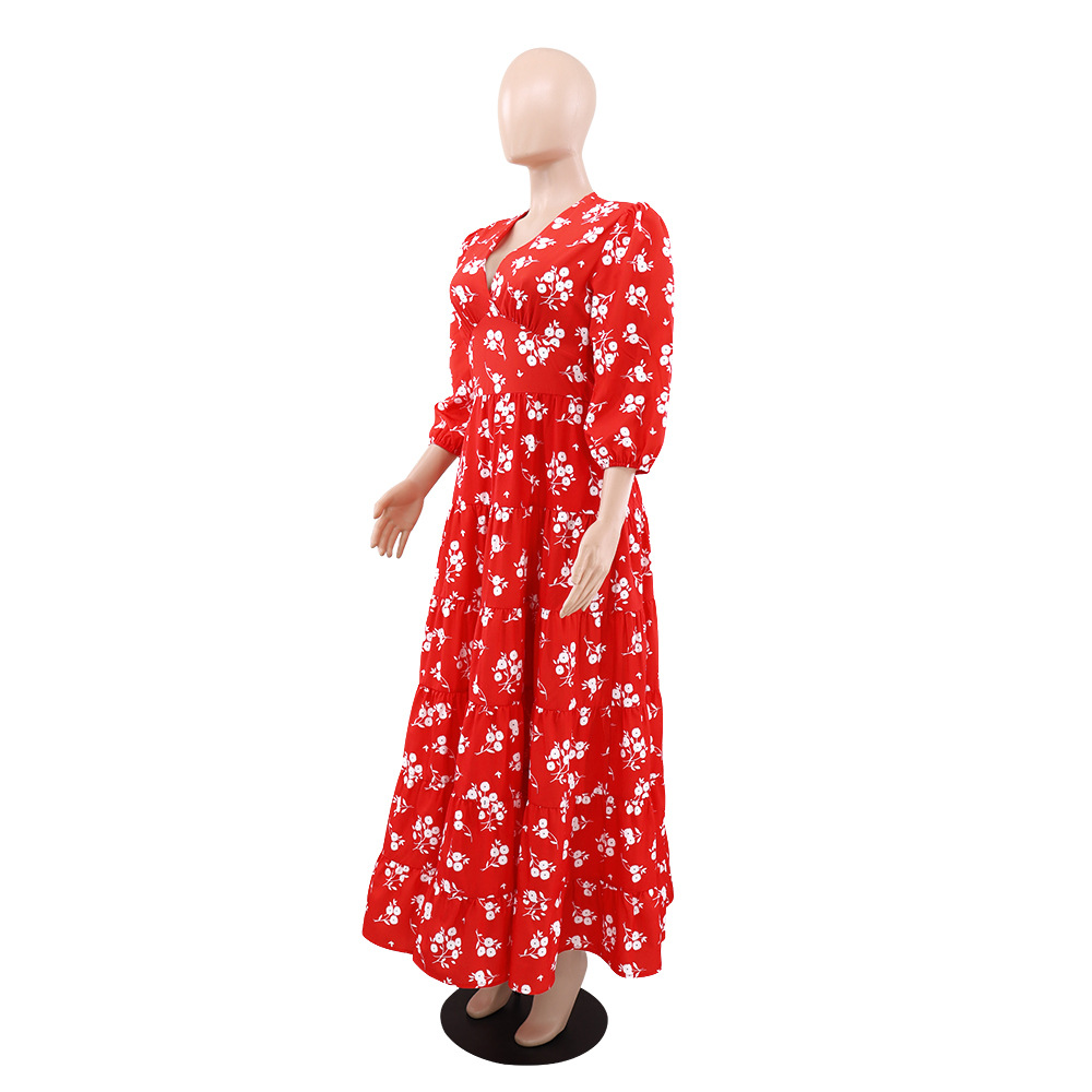 Women Floral Print V Neck Maxi Dress