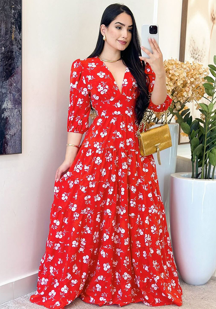 Women Floral Print V Neck Maxi Dress
