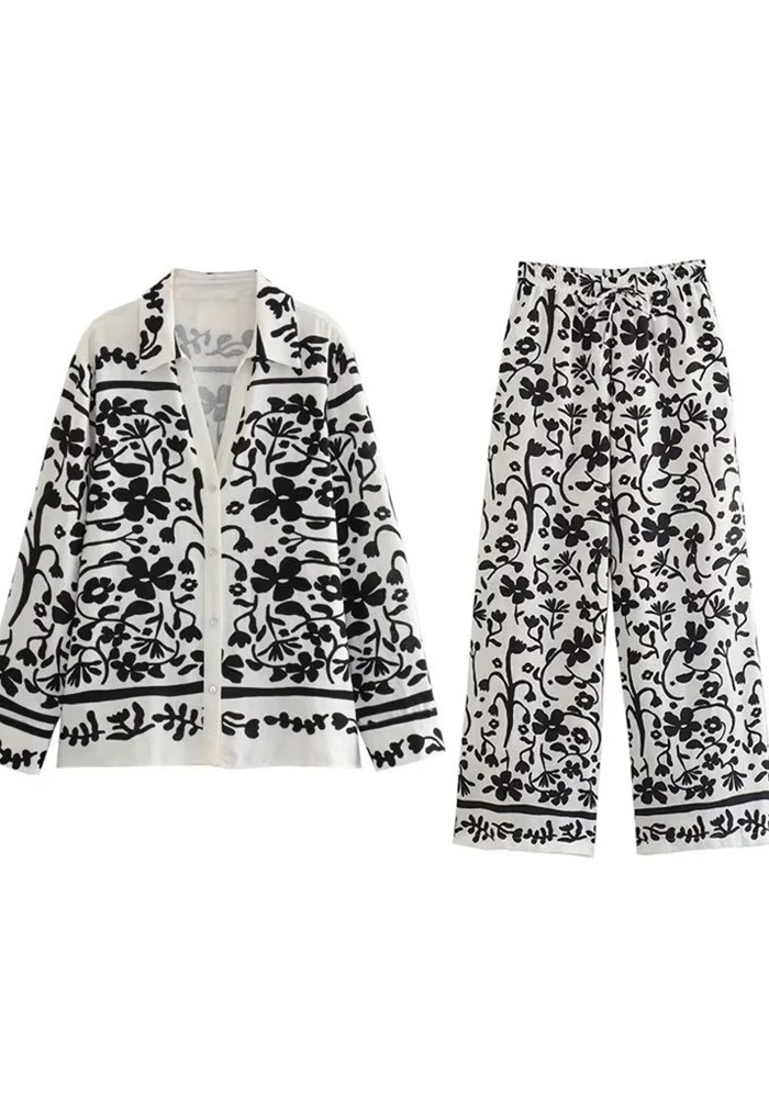 Women Turndown Collar long-sleeved single-breasted printed shirt wide-leg pants Two Piece Set
