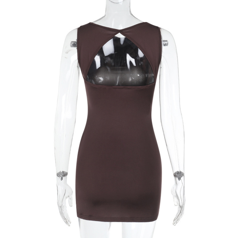 Women Round Neck Gathered Sexy Backless Bodycon Dress