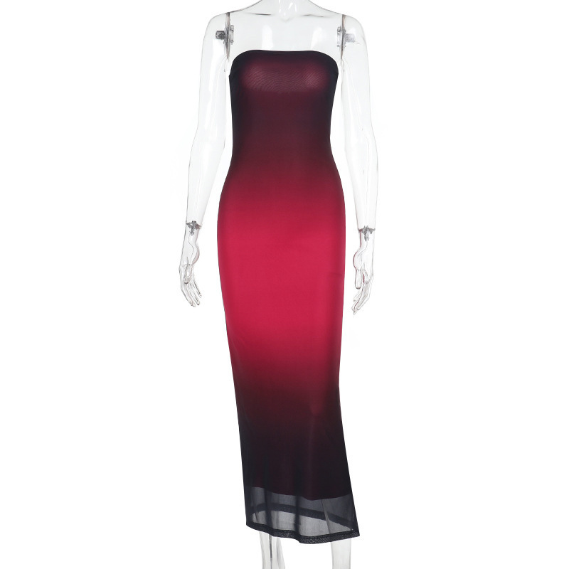Women Strapless Gradient Mesh Backless Dress