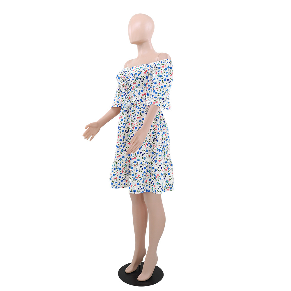 Women Floral V Neck Pleated Summer Dress