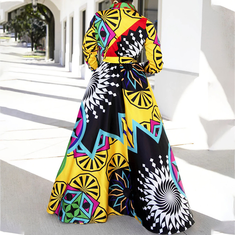 Spring Autumn Fashion Chic Print Turndown Collar Maxi Dress For Women