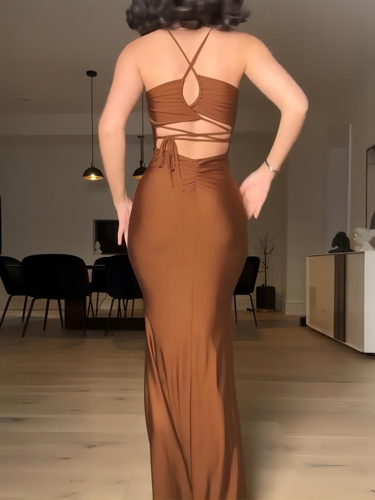 Women's Spring Solid Color Strap Low-Back Lace-Up Slim Long Dress