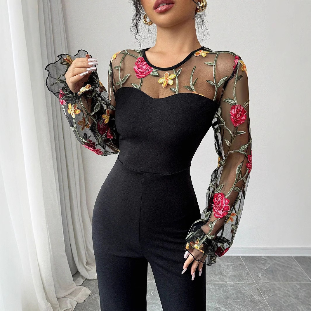 Women's Long Sleeve Embroidered Mesh Patchwork Slim Waist Jumpsuit