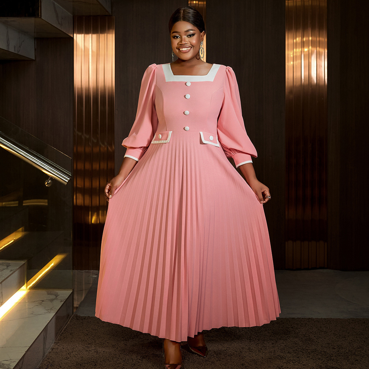 Women Square Neck Lantern Sleeve Formal Party High Waist Pleated Dress