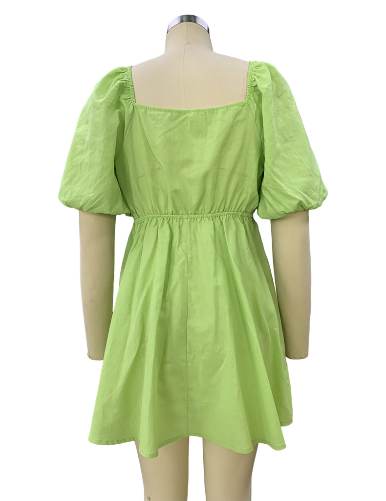 Spring Women's Fashion Square Neck Puff Sleeve Linen Dress