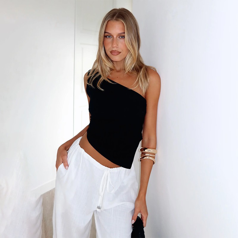 Women Sexy Slash Shoulder Backless Lace Irregular Suspender Top