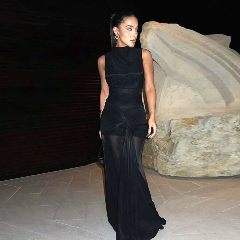 Women Summer Sexy Ribbon Half High Neck Sleeveless Dress