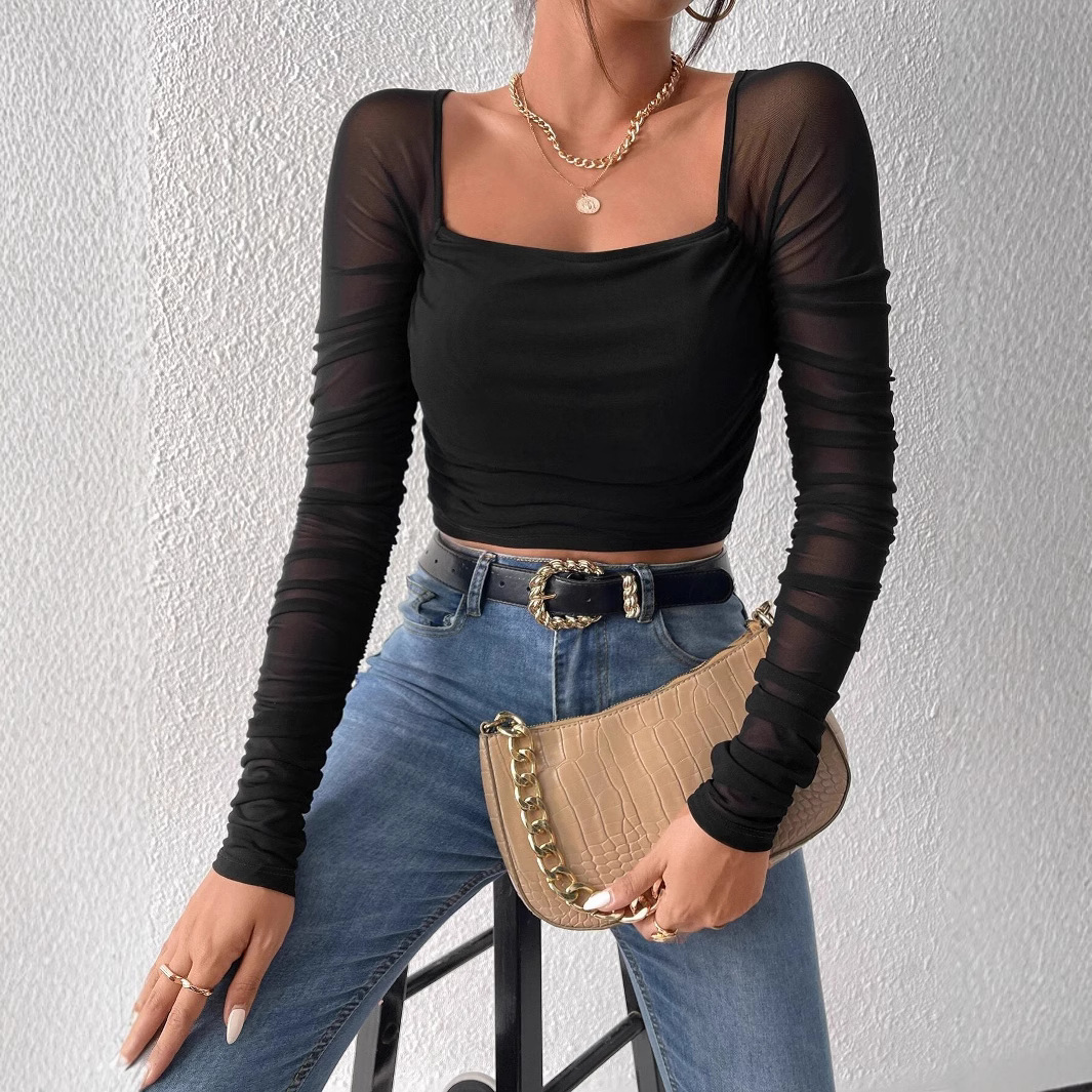Women summer mesh long sleeve croptop