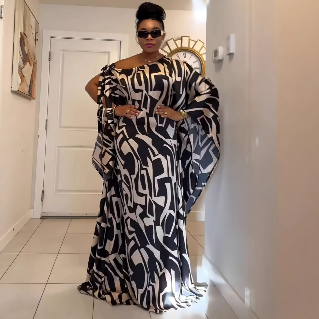 Women Print Lace-Up Slash Shoulder Dress