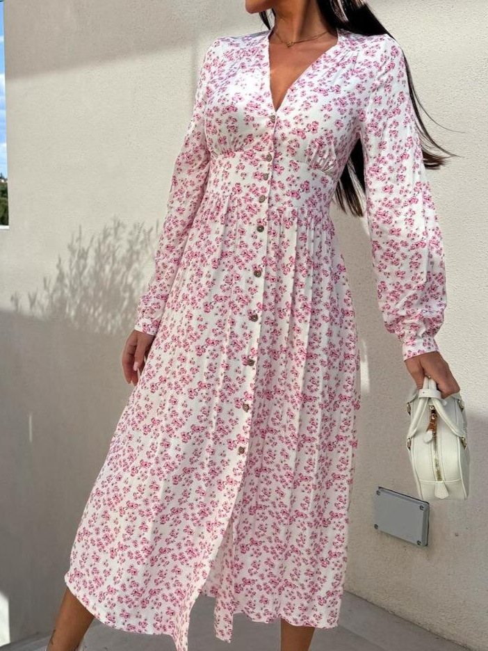 Beach Holidays V-Neck Slim Waist Floral Print Spring Long Sleeve Dress