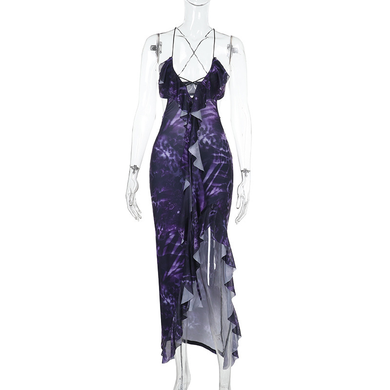 Women Spring Sexy Ruffle V Neck Print Slit Dress