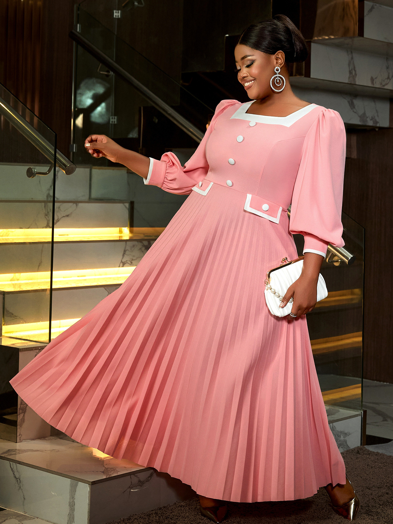 Women Square Neck Lantern Sleeve Formal Party High Waist Pleated Dress