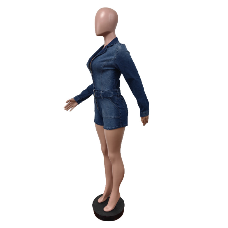 Women Zipper Solid Patchwork Stetchy Denim Lace Jumpsuit