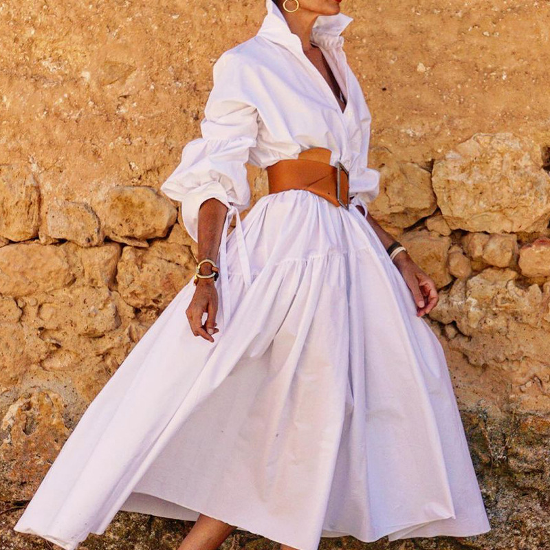 Spring Women's Fashion Chic Turndown Collar Long Sleeve Casual Midi Dress