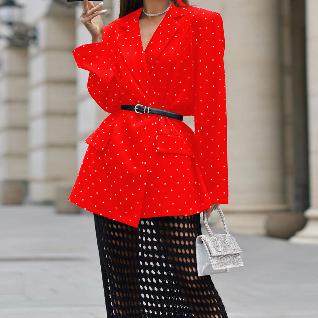 Spring Women's Fashion Chic Polka Dot Turndown Collar Long Sleeve Blazer