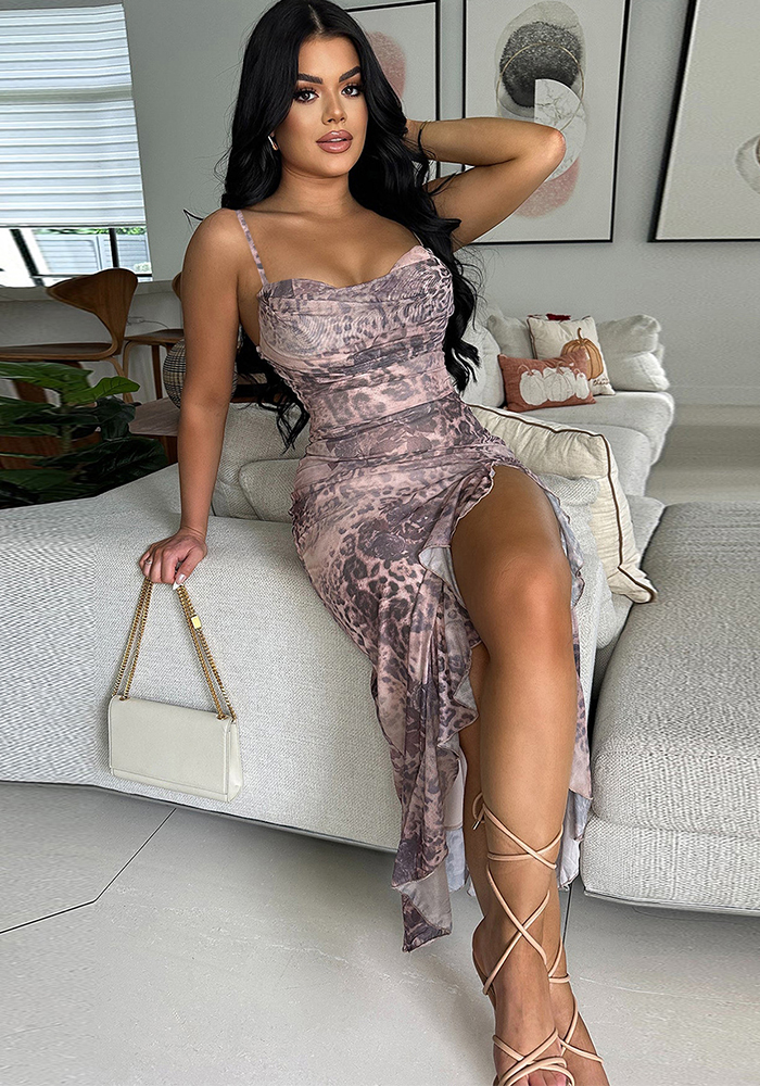 Women Sexy Slit Suspender Ruffle Dress