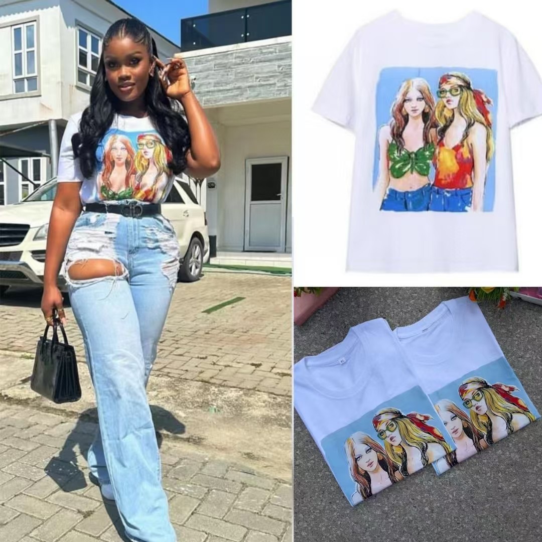 Women American straight shoulder short-sleeved T-shirt summer half-sleeved top