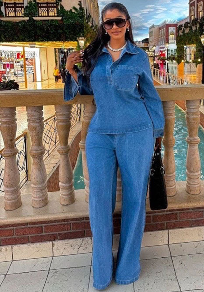 Women Denim Long Sleeve Turndown Collar Pocket Top and Lace-up Pants Two Piece Set