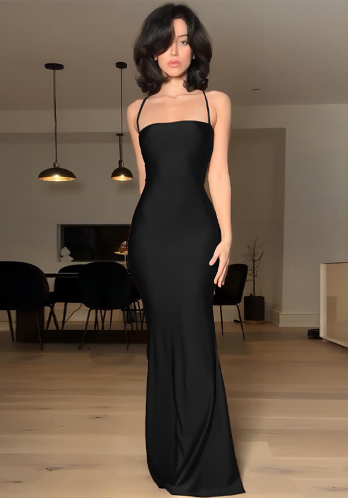 Women's Spring Solid Color Strap Low-Back Lace-Up Slim Long Dress