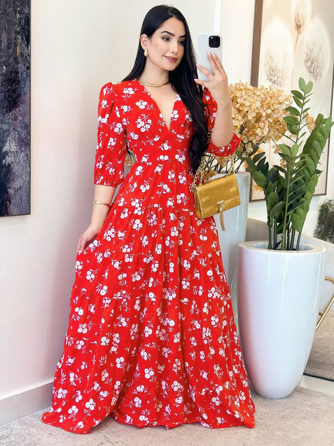 Women Floral Print V Neck Maxi Dress