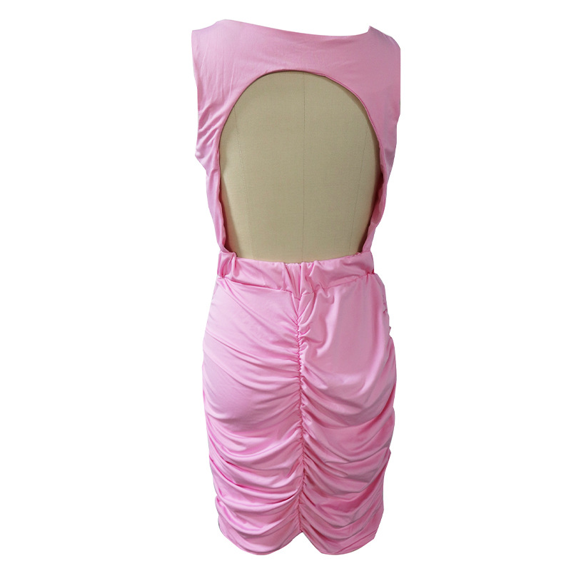 Women Summer and Autumn Sleeveless Hollow Backless Pleated Dress