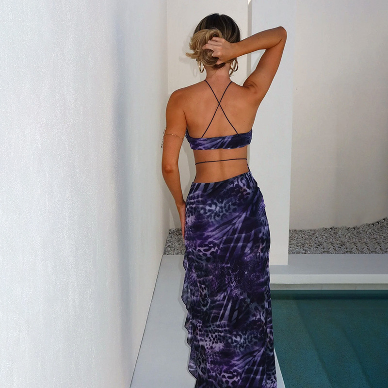 Women Spring Sexy Ruffle V Neck Print Slit Dress