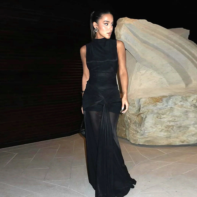 Women Summer Sexy Ribbon Half High Neck Sleeveless Dress