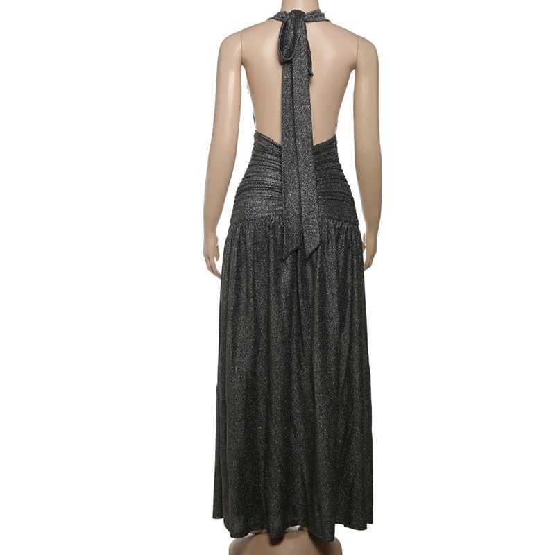 Women Spring Sexy Deep V-neck Halter Neck Backless Pleated Slit Dress