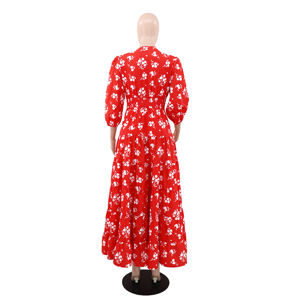 Women Floral Print V Neck Maxi Dress