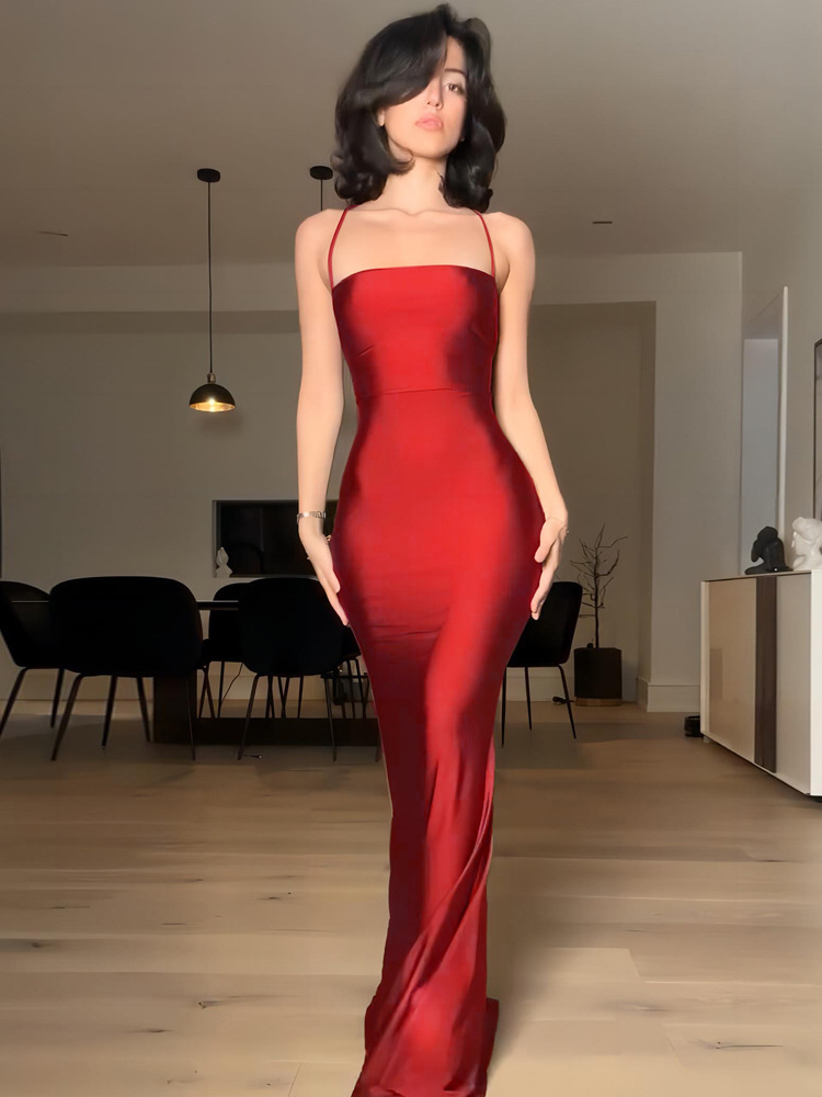 Women's Spring Solid Color Strap Low-Back Lace-Up Slim Long Dress