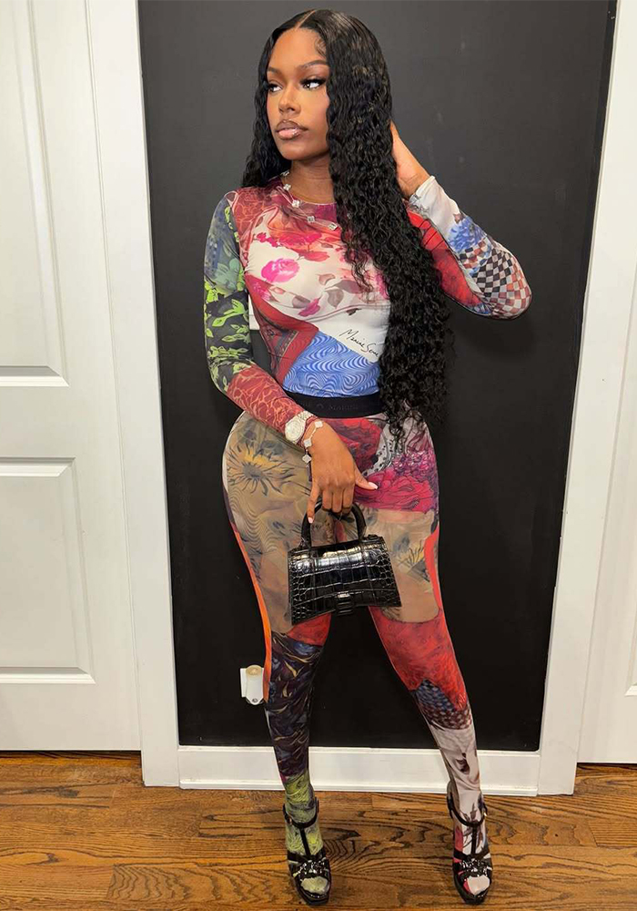 Women Contrast Printed Long Sleeve Round Neck Top and Pants Two Piece Set