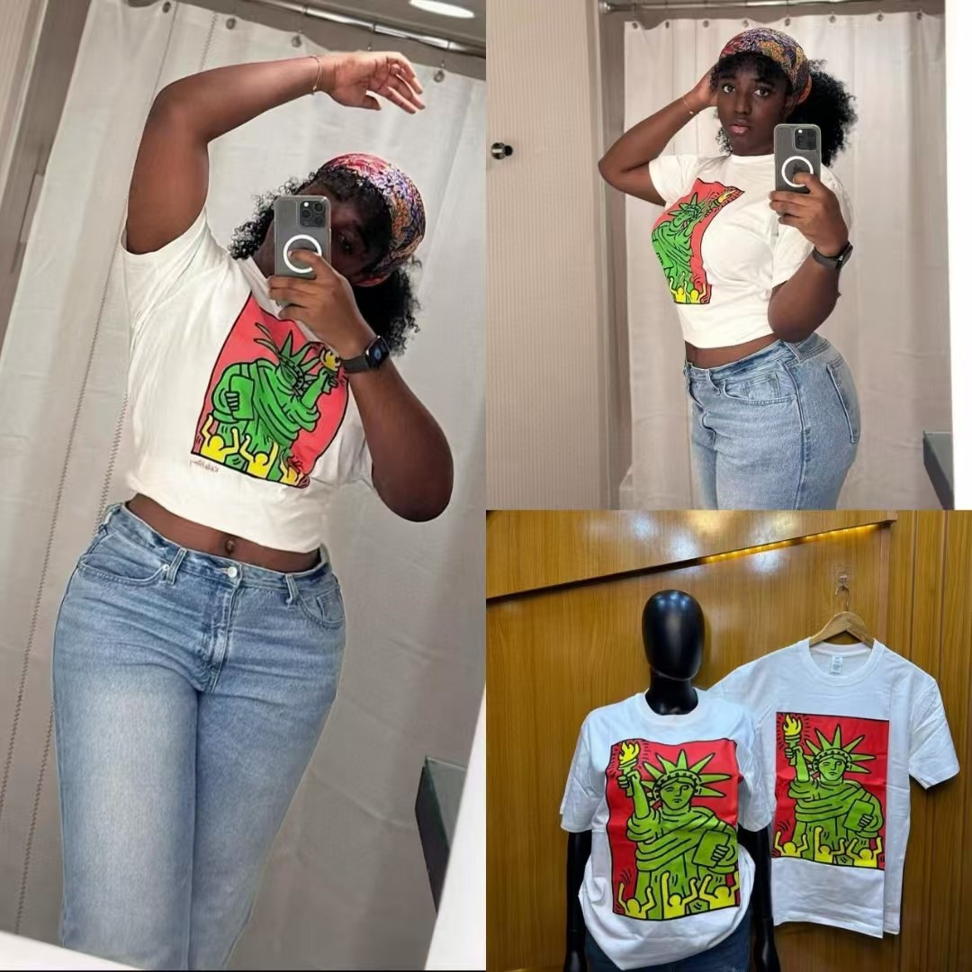 Women American straight shoulder short-sleeved T-shirt summer half-sleeved top