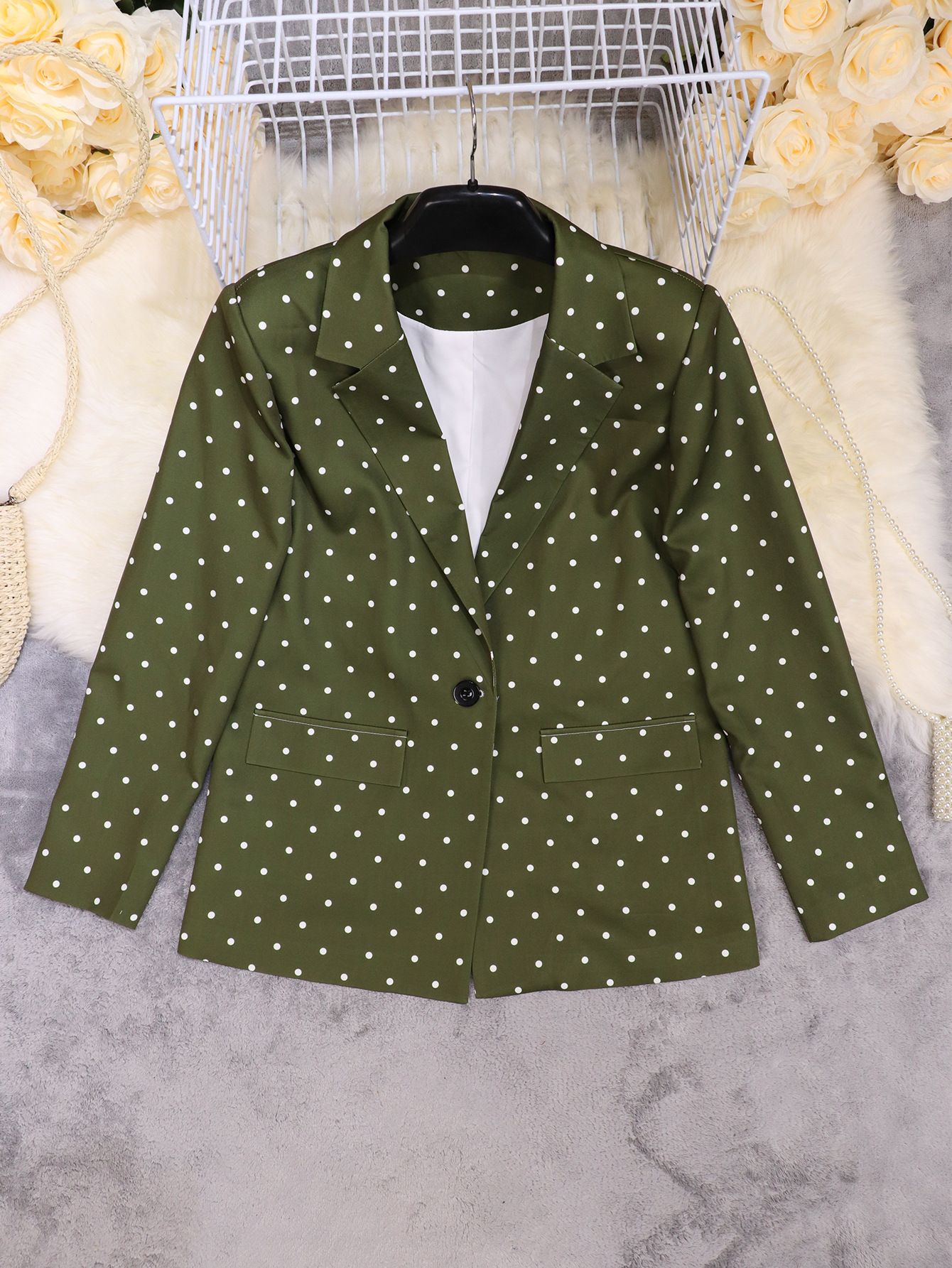 Spring Women's Fashion Chic Polka Dot Turndown Collar Long Sleeve Blazer