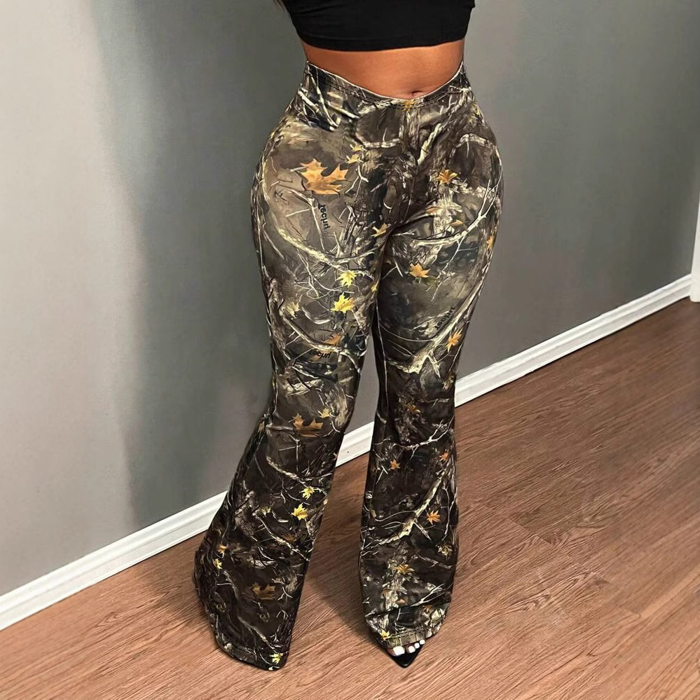 Women Elegant High Waist Plant Print Wide Leg Pants