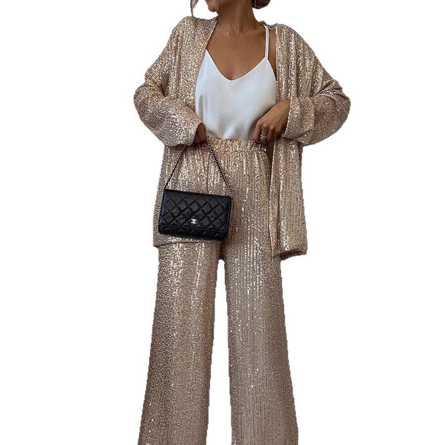 Women's Sequin Long Sleeve Two Piece Pants Set Chic Outerwear