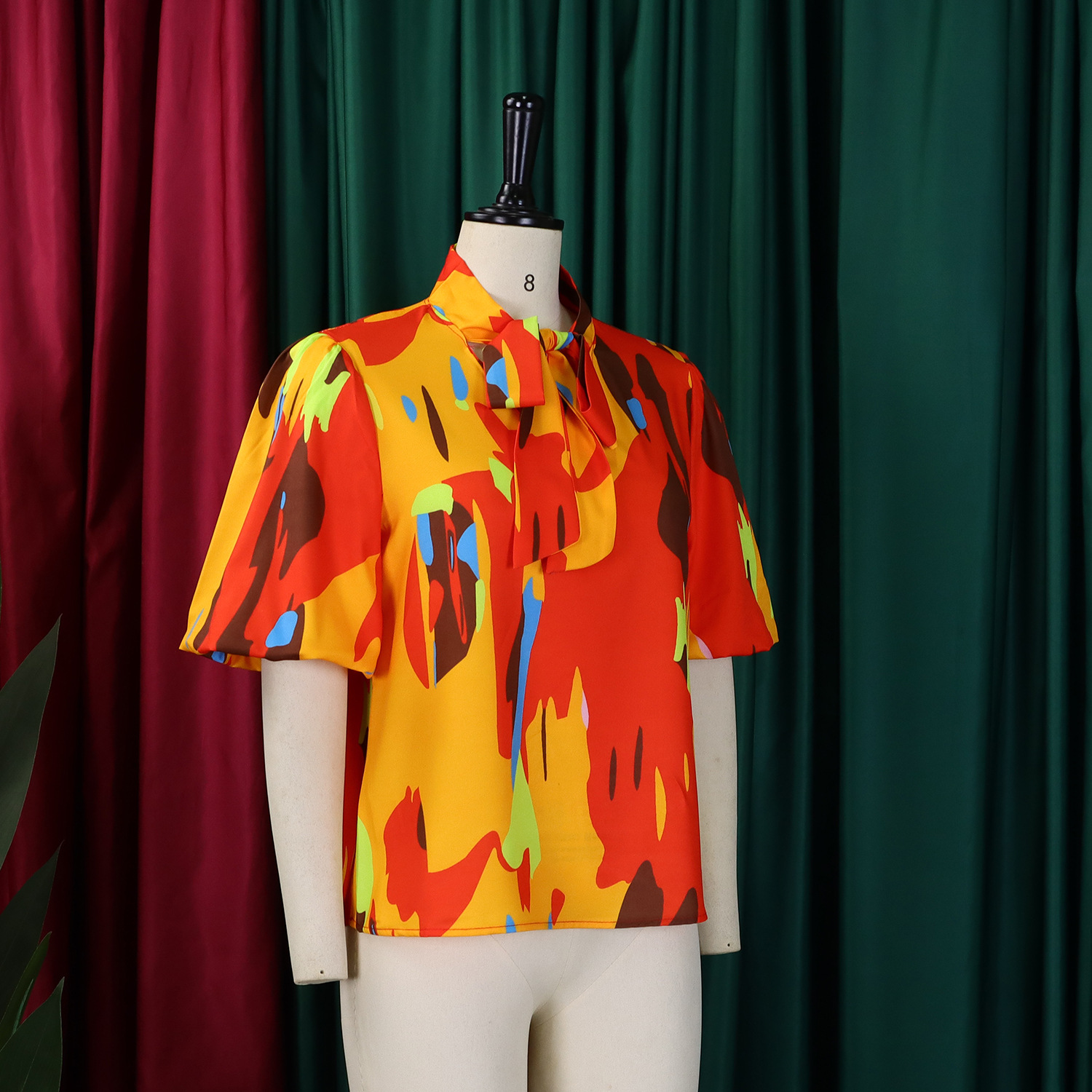 Women Printed Lace-Up Bubble Short Sleeve Shirt Top