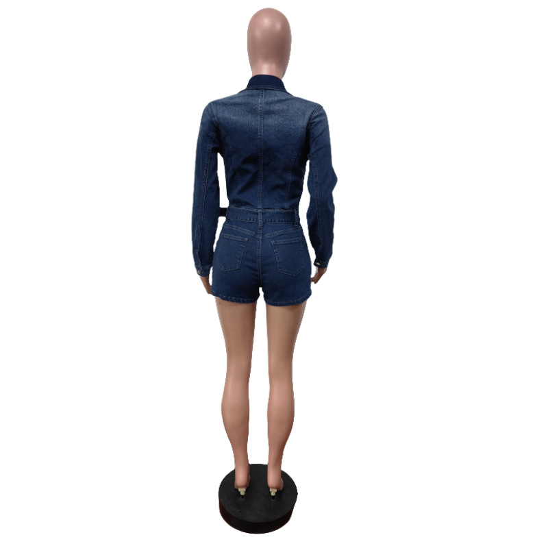 Women Zipper Solid Patchwork Stetchy Denim Lace Jumpsuit