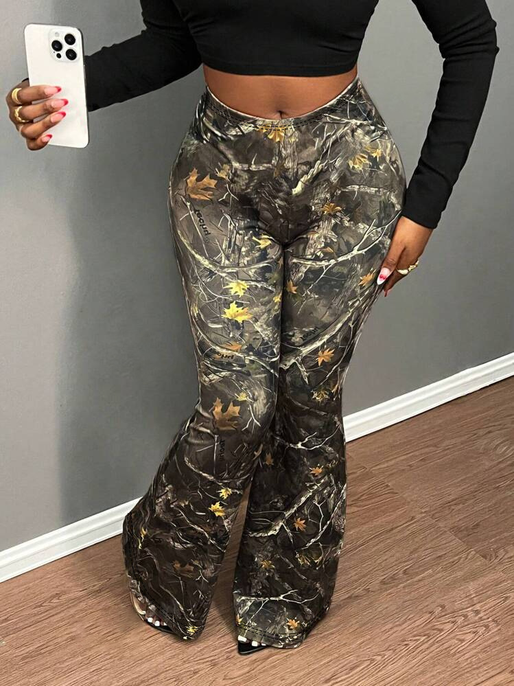Women Elegant High Waist Plant Print Wide Leg Pants