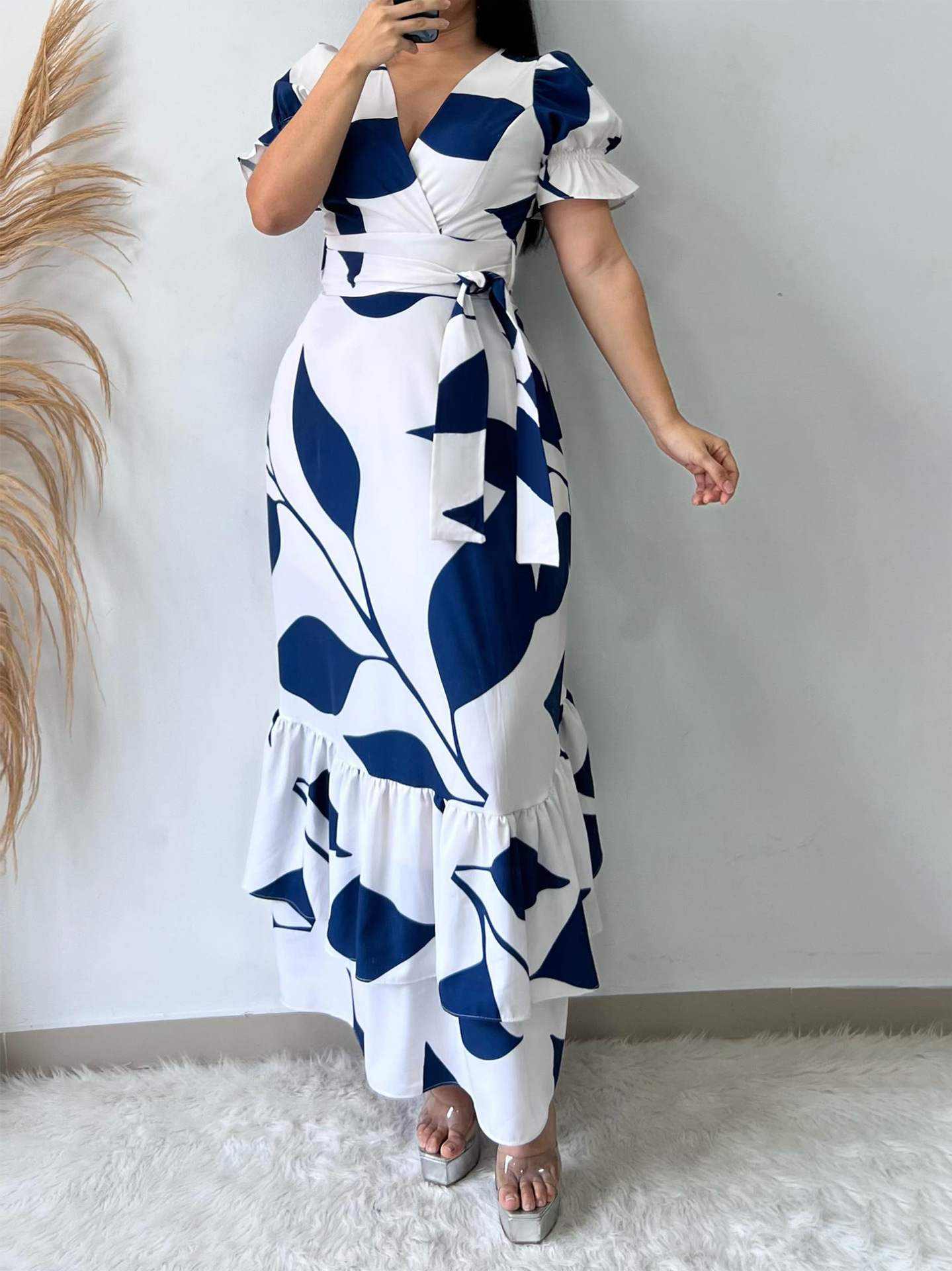 Women Princess Sleeve Print Summer Elegant V Neck Irregular Dress