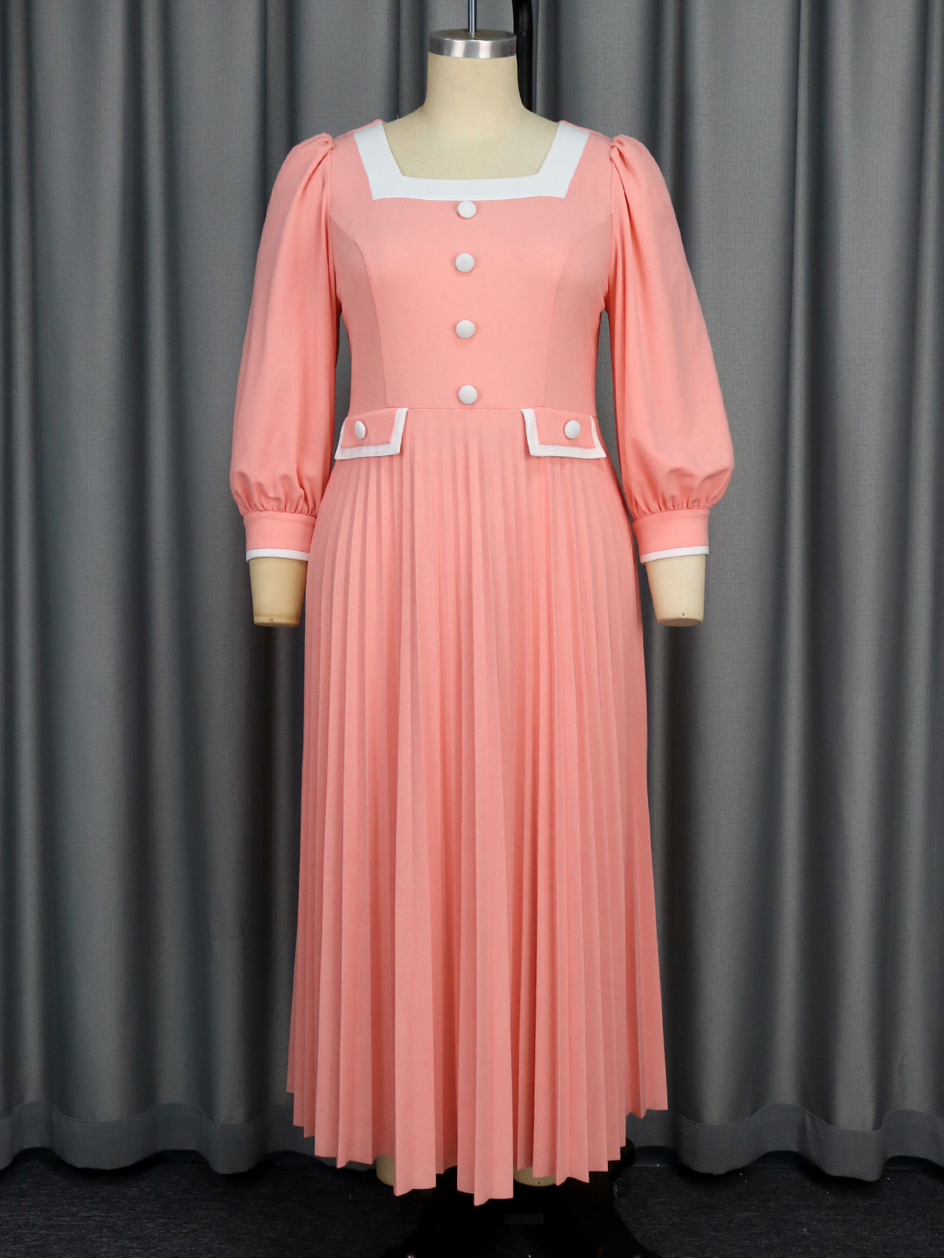 Women Square Neck Lantern Sleeve Formal Party High Waist Pleated Dress