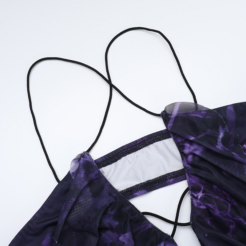 Women Spring Sexy Ruffle V Neck Print Slit Dress