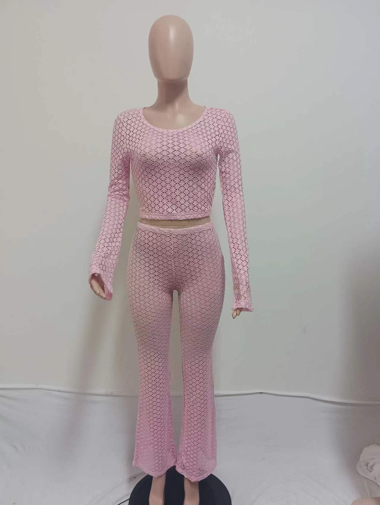 Women's Sexy Lace Ripped See-Through Crop Top High-Waist Long Pants Set